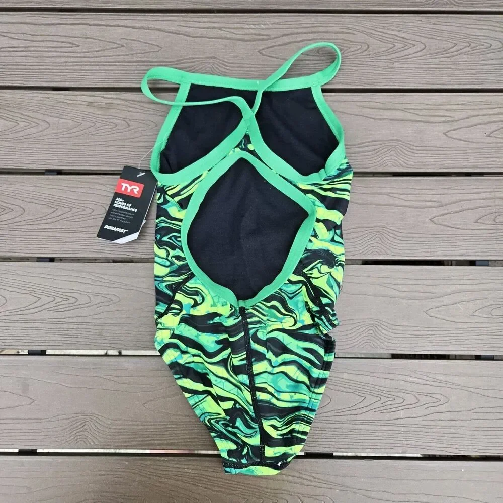 TYR Black/green DuraFast Elite Crypsis DiamondFit Girl Sz 22 One Piece New